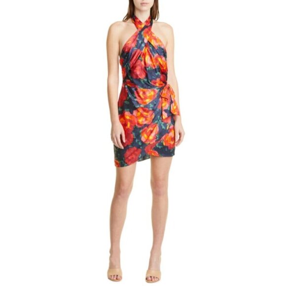 CINQ À SEPT 'Trini' Floral-Print Satin Halter Mini-Dress, Navy Multi - Picture 3 of 5